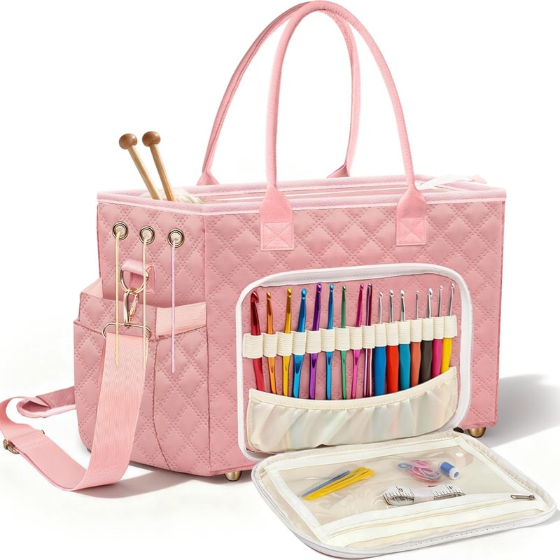 VERONLY Yarn Bag and Crochet Tote, Yarn Holder for Crocheting, Crochet Accessories, Suppliers, Needles with Zipper Closure, Mother's Day Gift (Pink) - Image 1